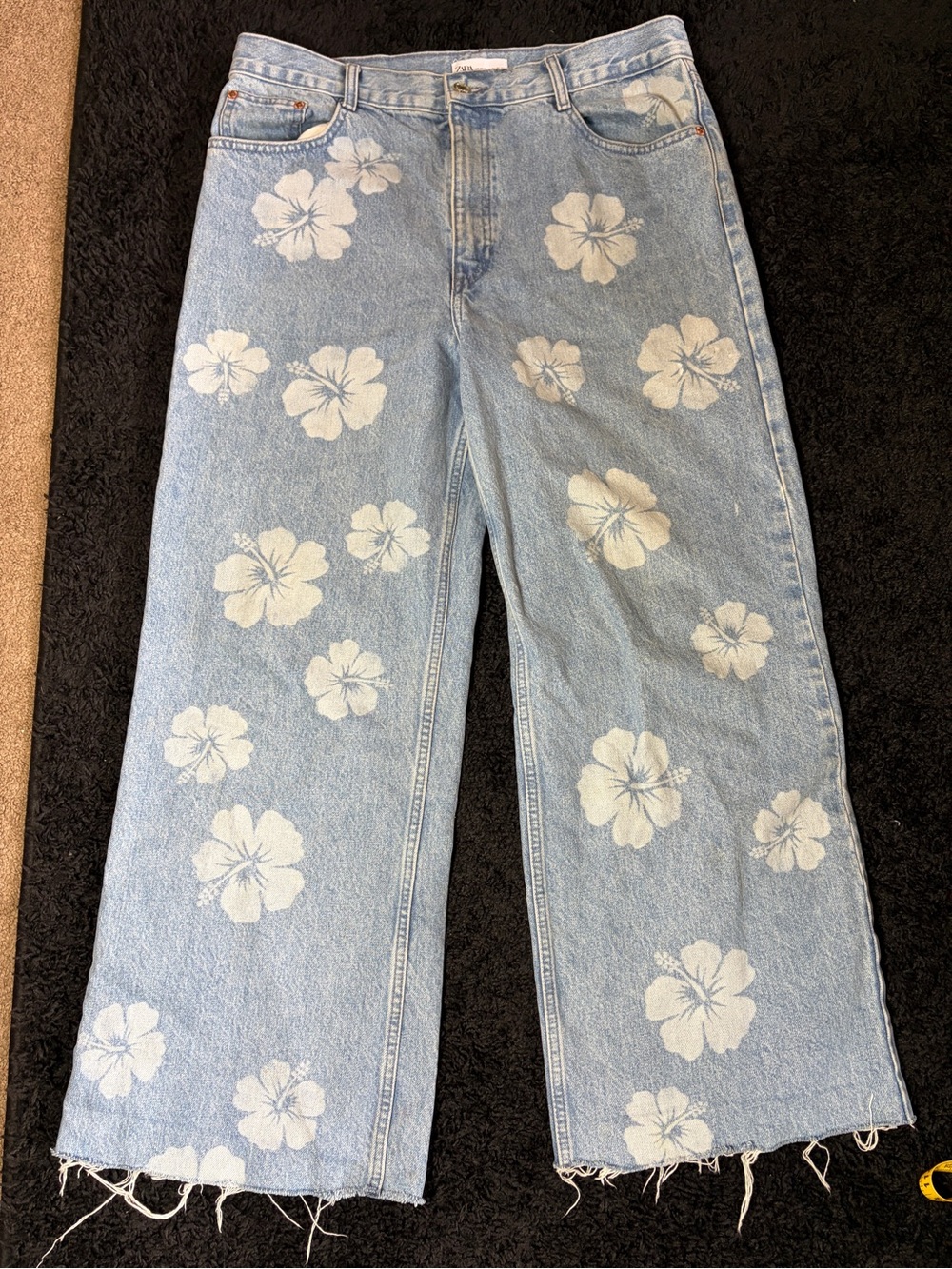 Zara Light Blue Wide-Leg Floral Jeans